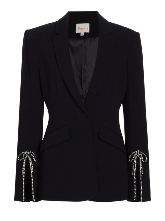 Crystal Bow Split-Sleeve Single-Breasted Black Blazer - Branna Couture