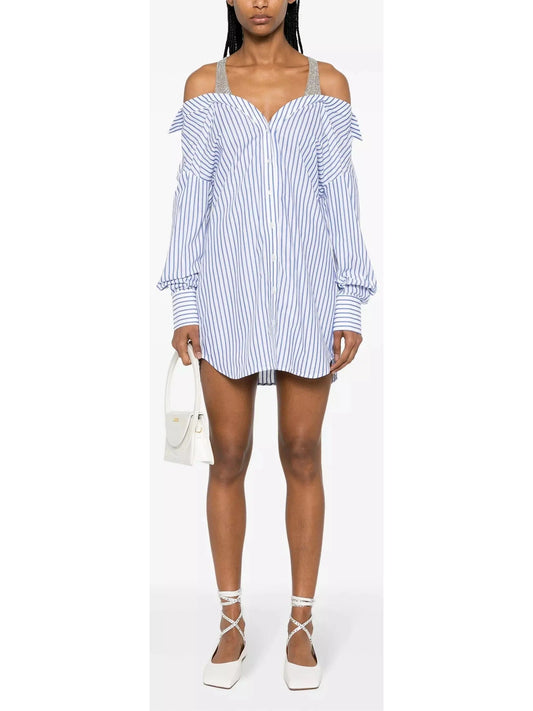 Crystal-Detailed Layered Striped Shirt Mini Dress - Branna Couture