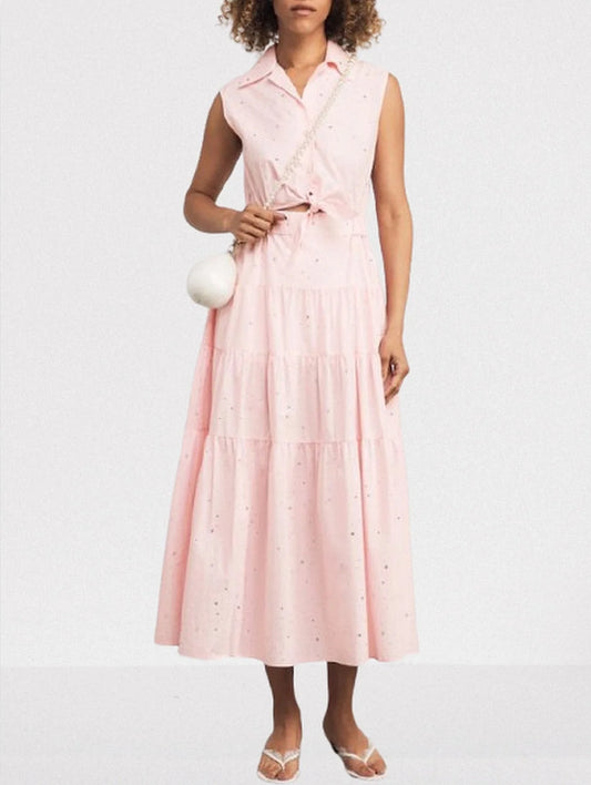 Crystal-Detailed Pink Sleeveless Midi Shirt Dress - Small - Dresses