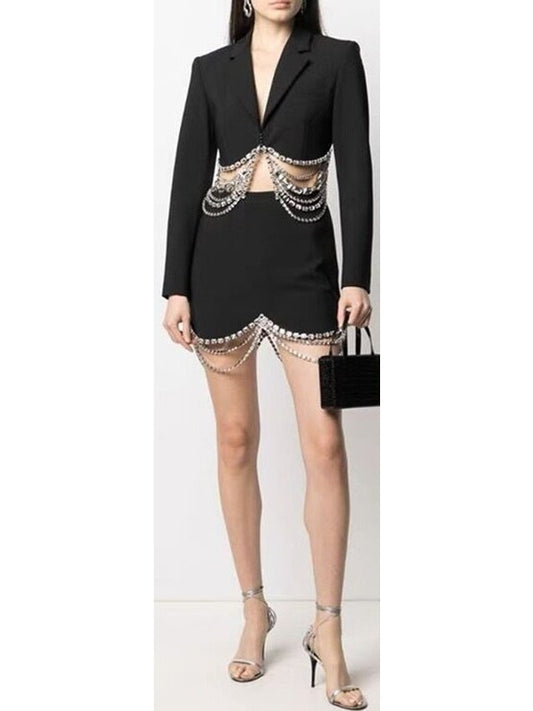 Crystal Draped Cropped Jacket and Skirt Set, Black - Branna Couture