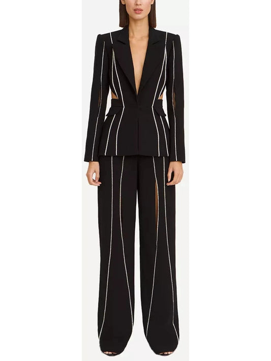 Crystal Embellished Cut-Out Blazer and Pant Suit - Branna Couture