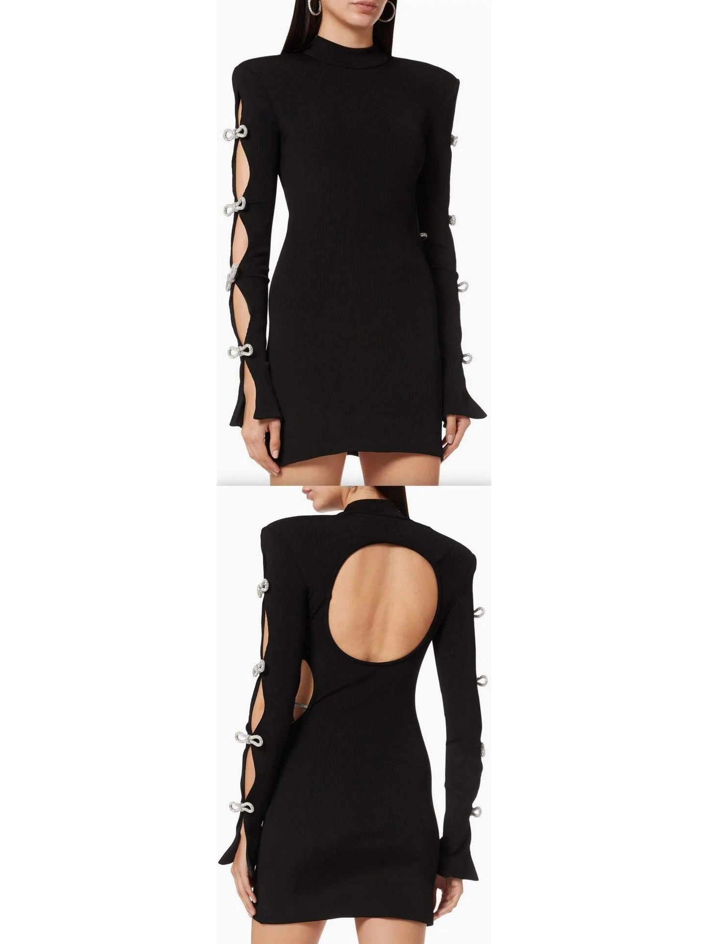 Crystal-Embellished Cut-Out Ribbed Knit Mini Dress, Black - Branna Couture