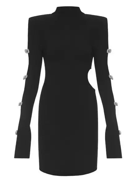 Crystal-Embellished Cut-Out Ribbed Knit Mini Dress, Black - Branna Couture