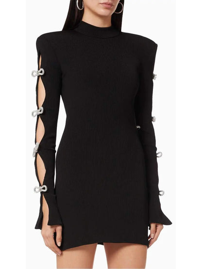 Crystal-Embellished Cut-Out Ribbed Knit Mini Dress, Black - Branna Couture