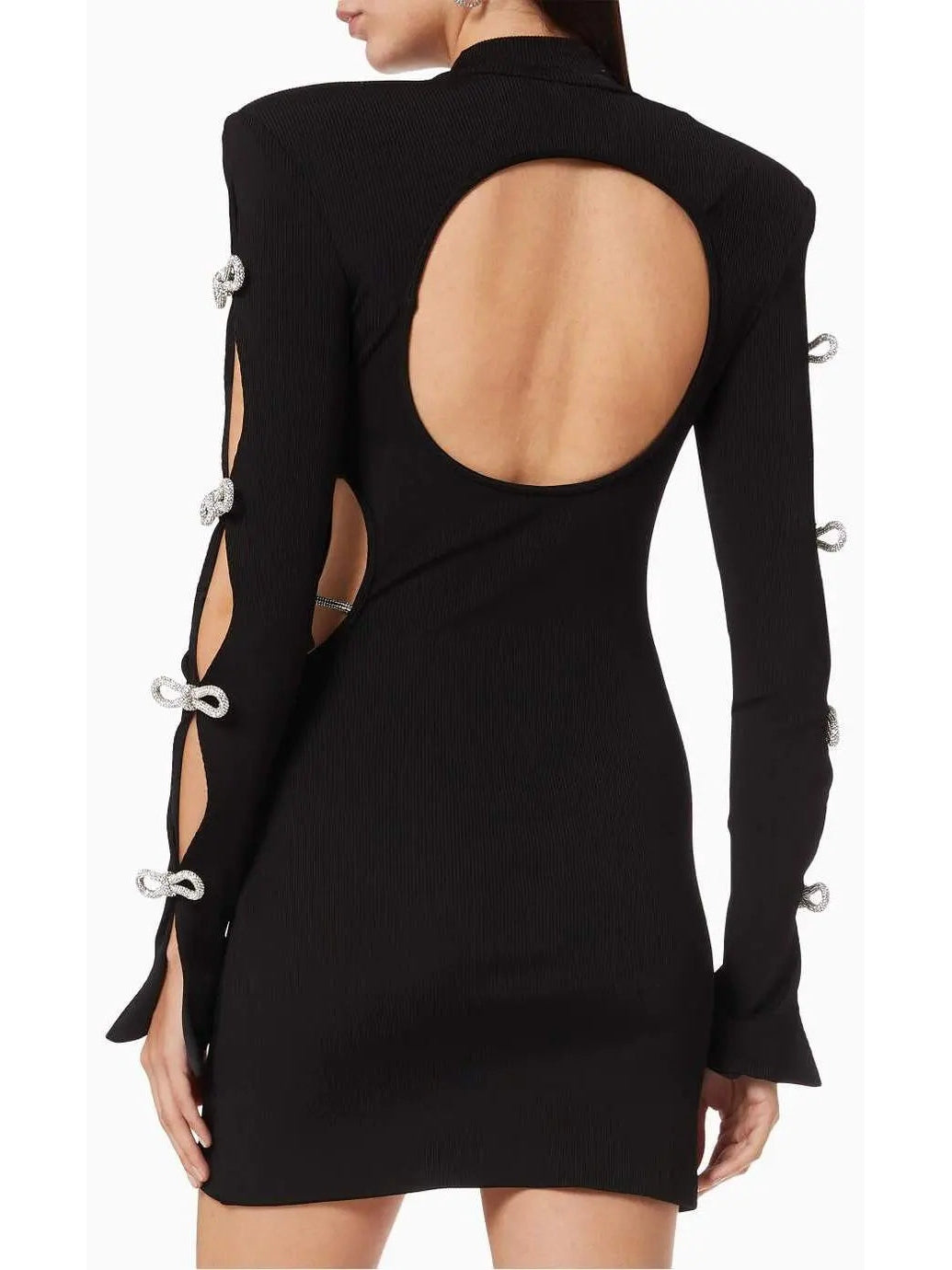 Crystal-Embellished Cut-Out Ribbed Knit Mini Dress, Black - Branna Couture