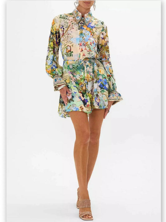 Crystal-Embellished Fairy Tale and Floral Printed Mini Shirt Dress - Branna Couture