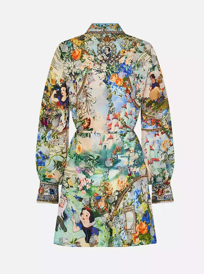 Crystal-Embellished Fairy Tale and Floral Printed Mini Shirt Dress - Branna Couture