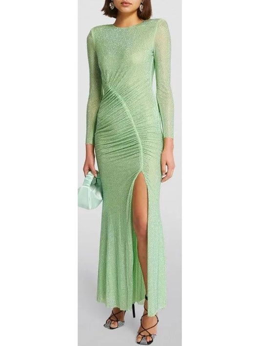 Crystal-Embellished Green Maxi Dress - Branna Couture