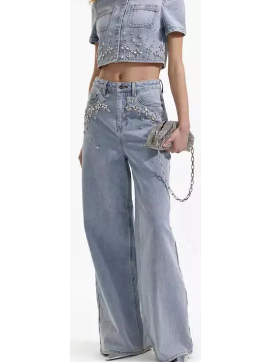 Crystal-Embellished High-Waisted Relaxed Fit Denim Wide Leg Jeans - Branna Couture