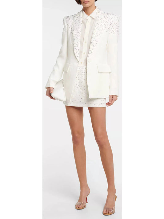 Crystal-Embellished Jacket and Skirt Set, White - Branna Couture