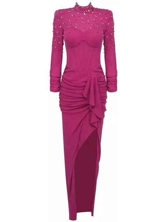 Crystal-Embellished Long-Sleeve Corset Dress in Fuchsia - Branna Couture