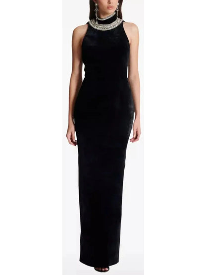 Crystal-Embellished Open-Back Velvet Gown - Branna Couture