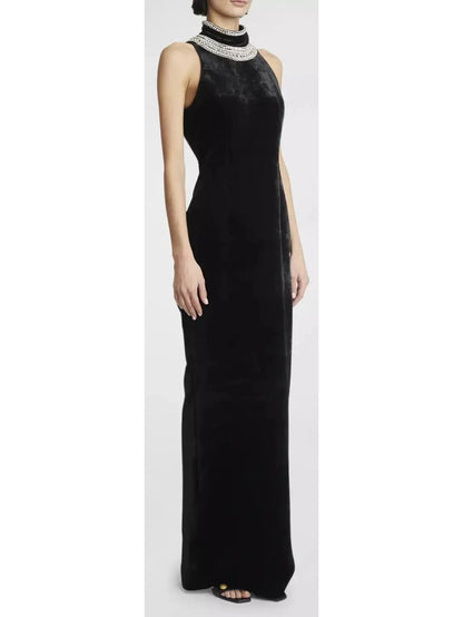 Crystal-Embellished Open-Back Velvet Gown - Branna Couture