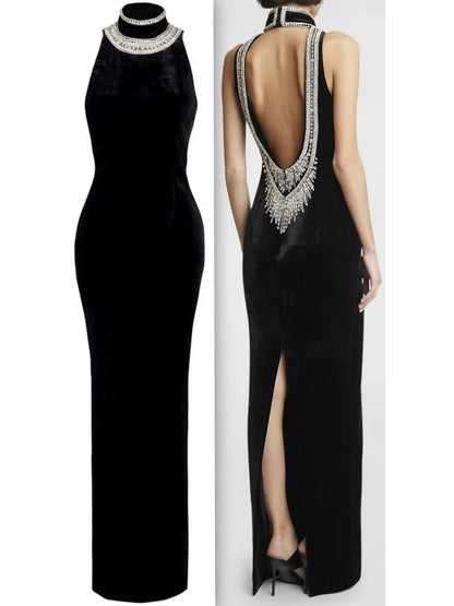 Crystal-Embellished Open-Back Velvet Gown - Branna Couture