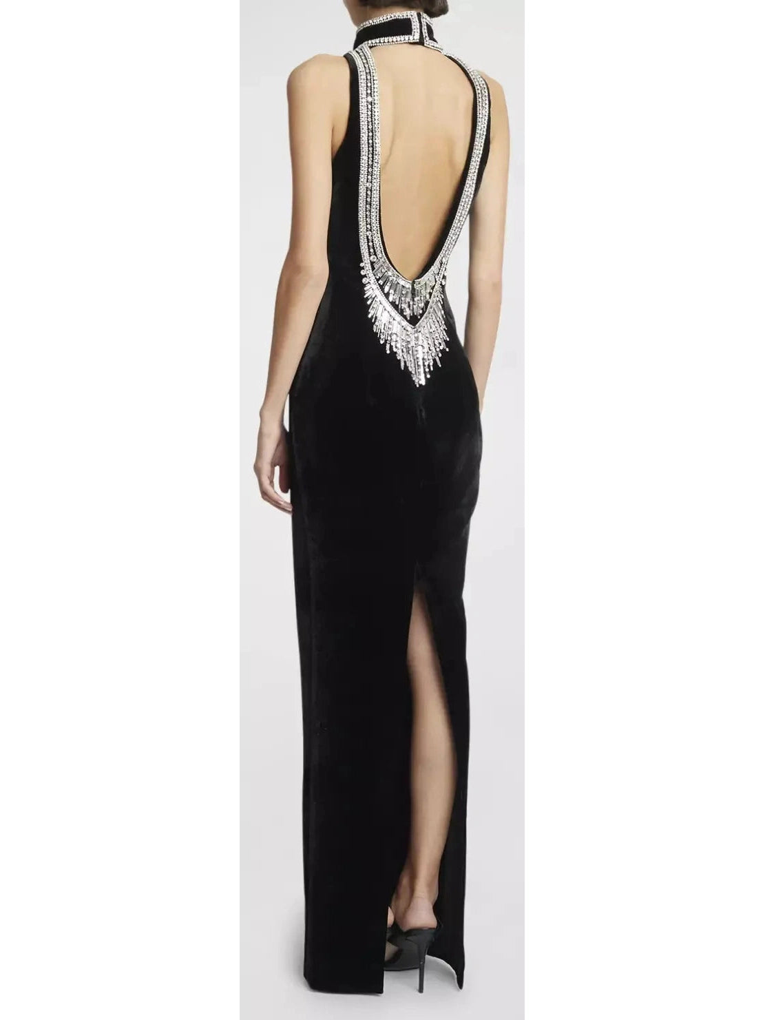 Crystal-Embellished Open-Back Velvet Gown - Branna Couture