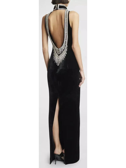 Crystal-Embellished Open-Back Velvet Gown - Branna Couture