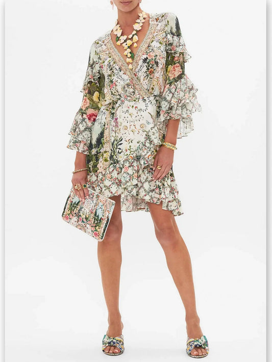 Crystal-Embellished Printed Short Frill Wrap Dress - Branna Couture