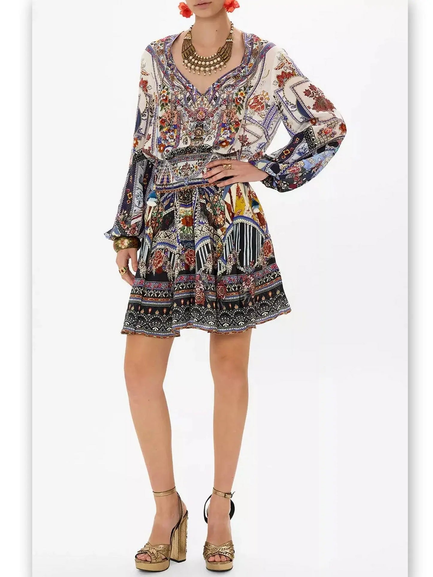 Crystal Embellished Shirred Relaxed Mini Dress with Multicolored Print - Branna Couture