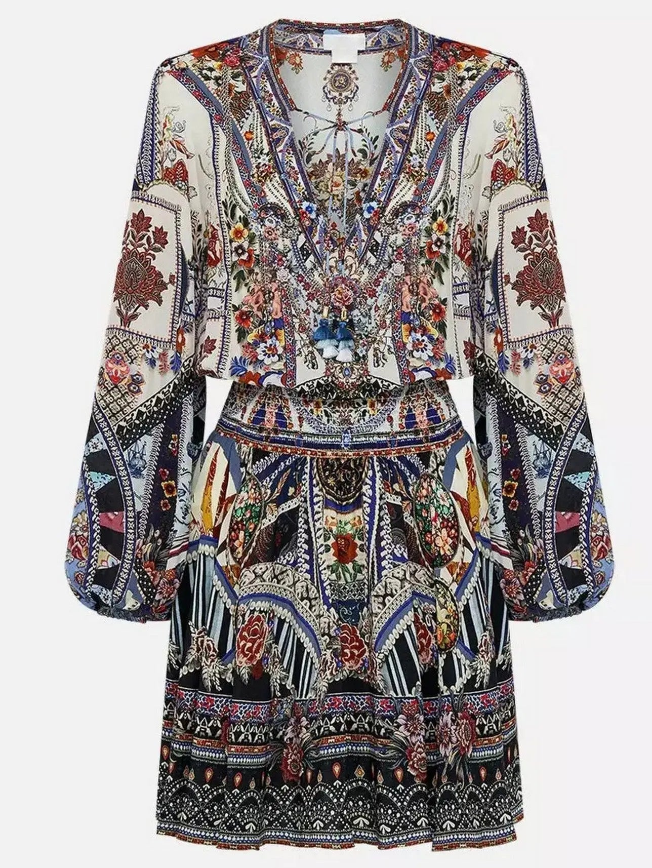 Crystal Embellished Shirred Relaxed Mini Dress with Multicolored Print - Branna Couture