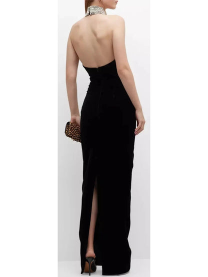 Crystal Embellished Turtleneck Velvet Gown - Branna Couture