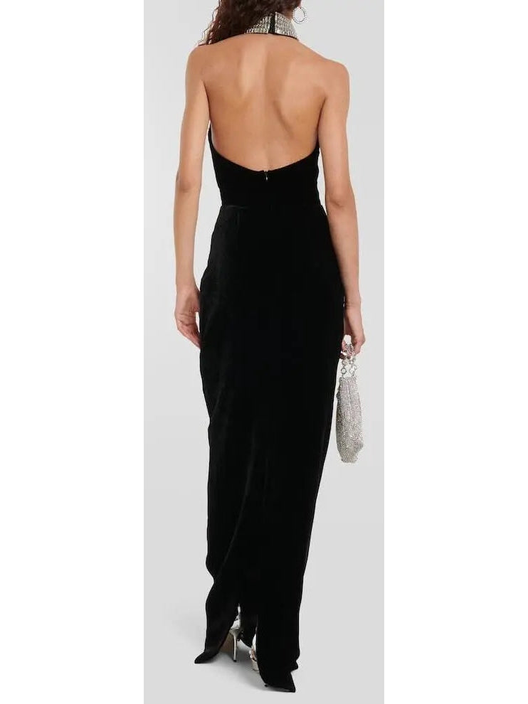 Crystal Embellished Turtleneck Velvet Gown - Branna Couture