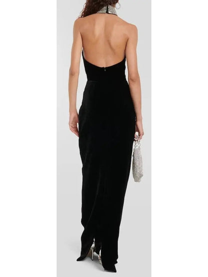 Crystal Embellished Turtleneck Velvet Gown - Branna Couture