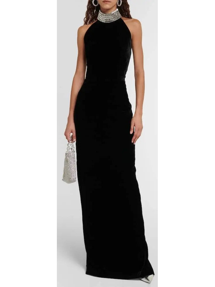 Crystal Embellished Turtleneck Velvet Gown - Branna Couture