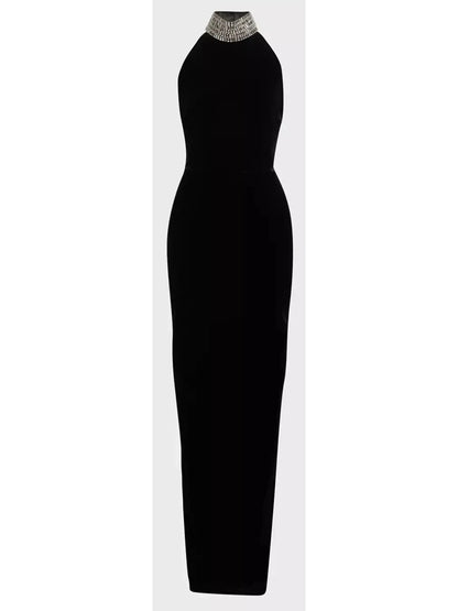 Crystal Embellished Turtleneck Velvet Gown - Branna Couture