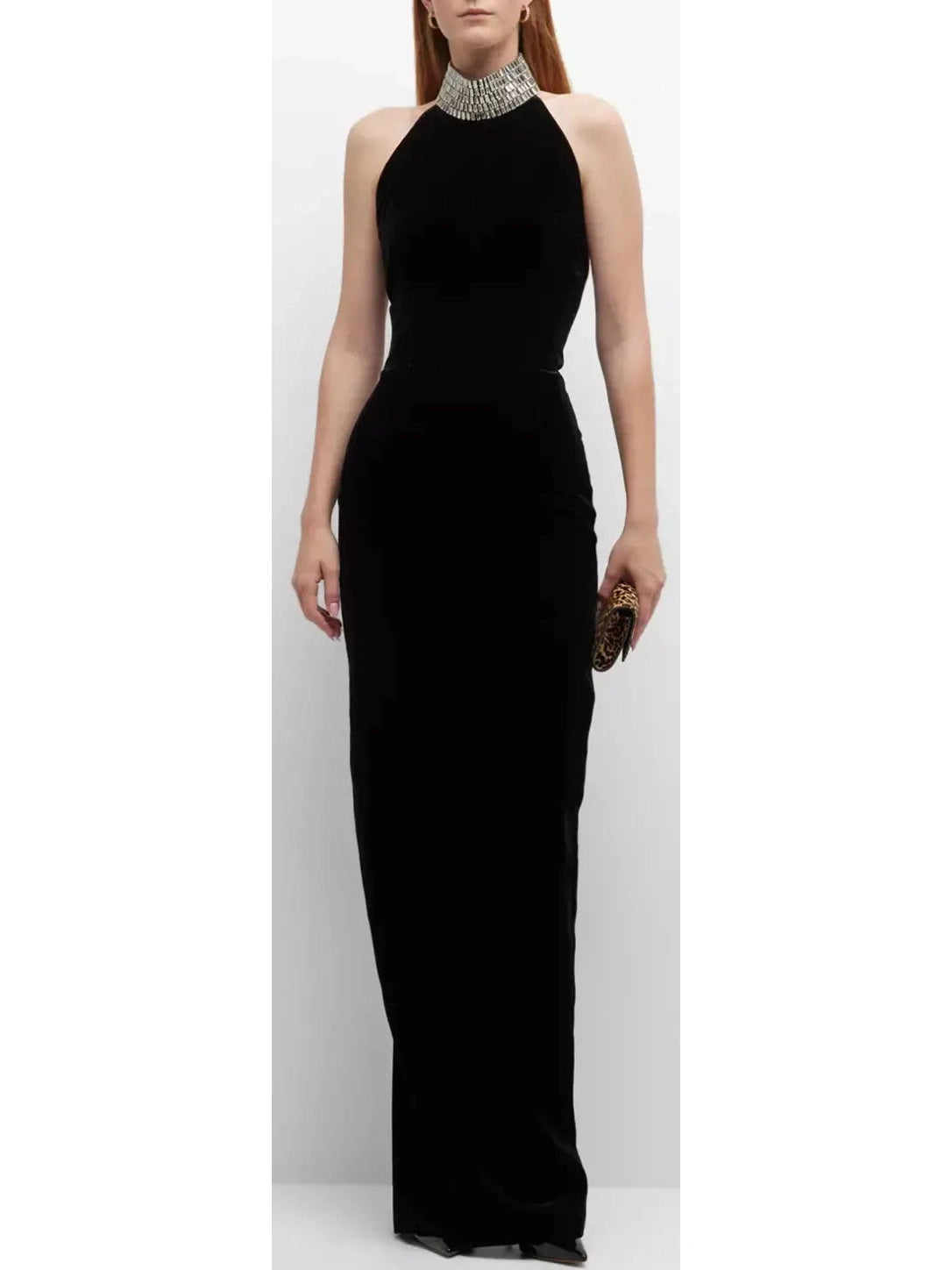 Crystal Embellished Turtleneck Velvet Gown - Branna Couture