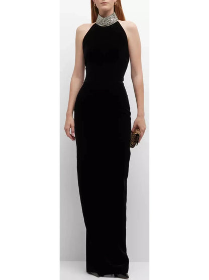 Crystal Embellished Turtleneck Velvet Gown - Branna Couture