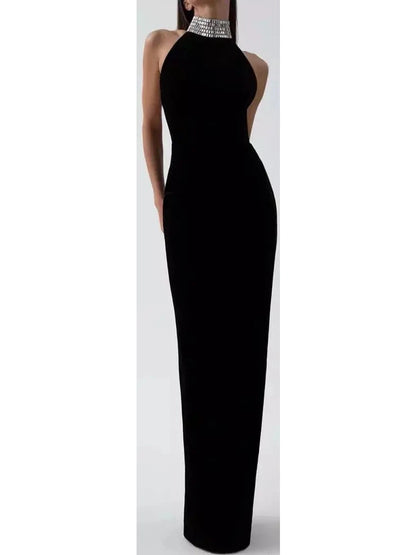 Crystal Embellished Turtleneck Velvet Gown - Branna Couture