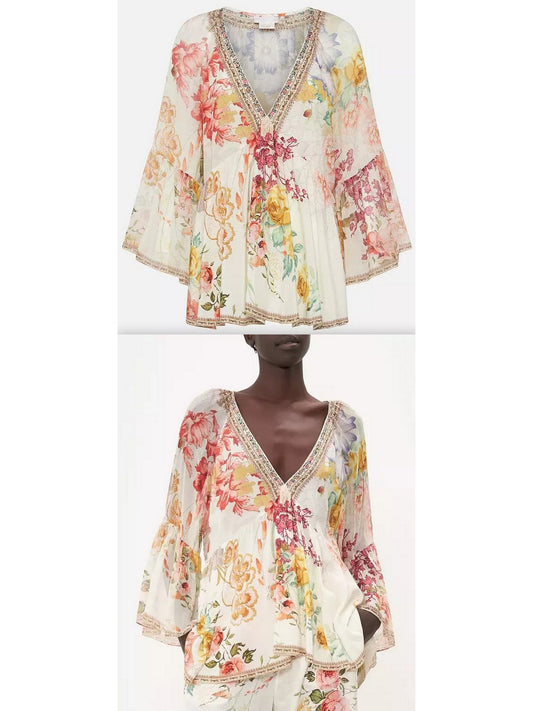 Crystal-Embellished V-Neck Floral Print Silk Frill Blouse - Branna Couture