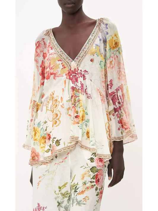 Crystal-Embellished V-Neck Floral Print Silk Frill Blouse - Branna Couture