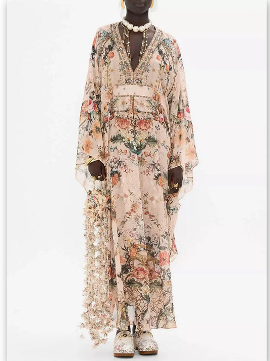 Crystal Embellished V-Neck Rose Garden Printed Kaftan Dress - Branna Couture