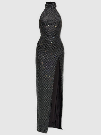 Crystal-Embellished Black Halterneck Backless Gown - S - Dresses