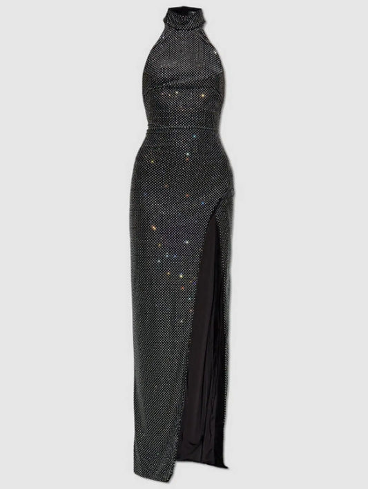 Crystal-Embellished Black Halterneck Backless Gown - S - Dresses