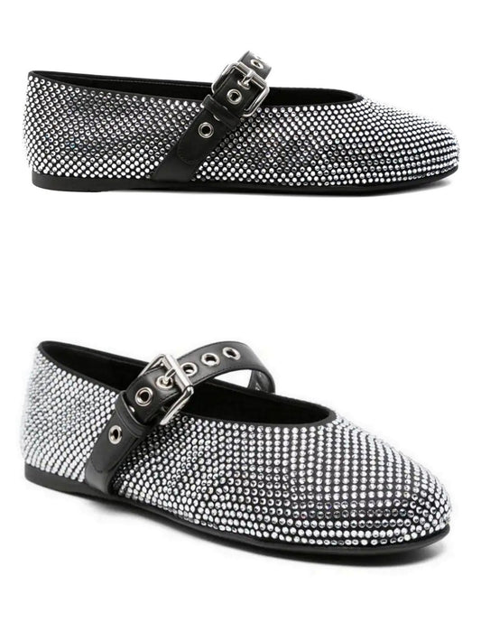 Women’s Crystal-Embellished Black Leather Ballerina Flats Branna Couture