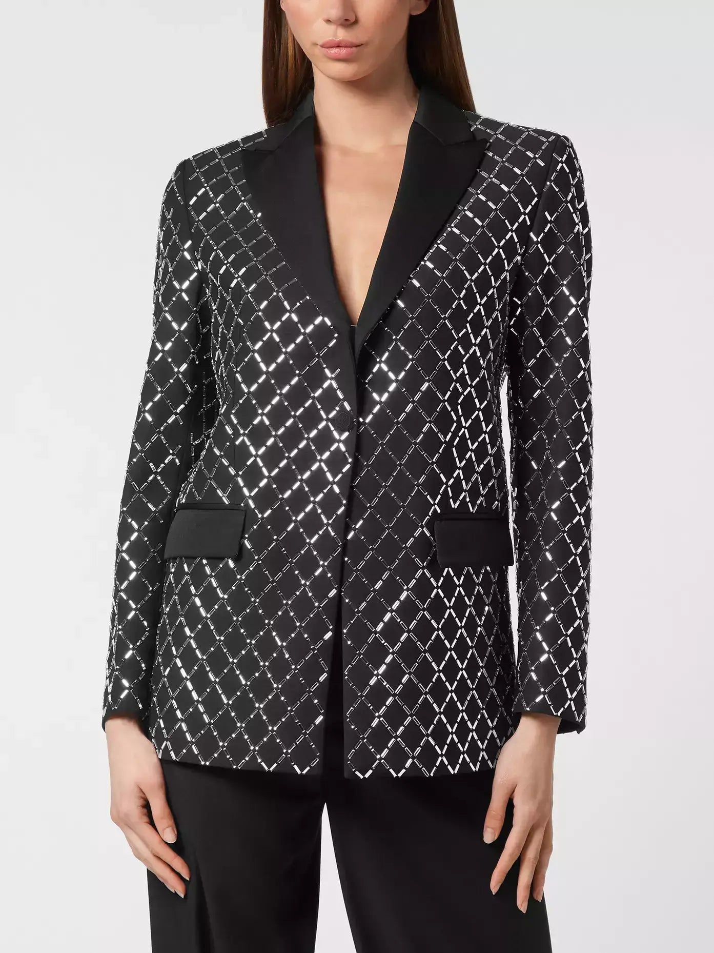 Crystal-Embellished Black Satin-Trim Blazer - Small - Jackets
