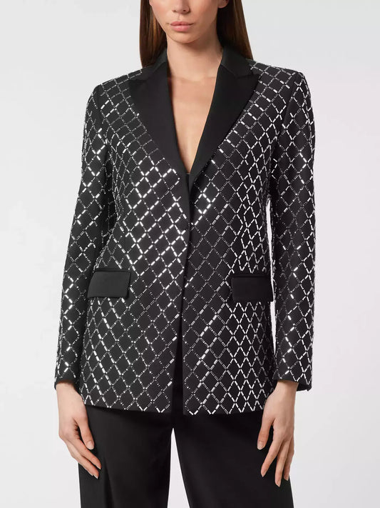 Crystal-Embellished Black Satin-Trim Blazer - Small - Jackets
