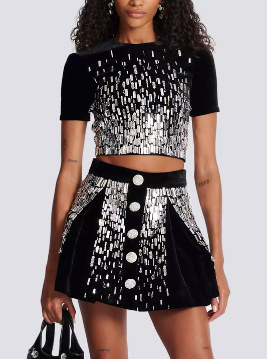 Embellished Black Velvet Crop Top and Mini Skater Skirt Set - Branna Couture