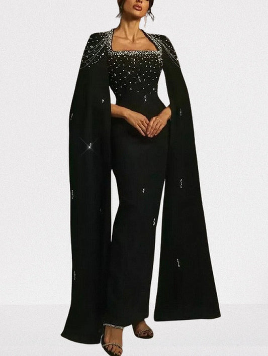 Crystal-Embellished Cape-Sleeve Black Maxi Dress - S - Dresses
