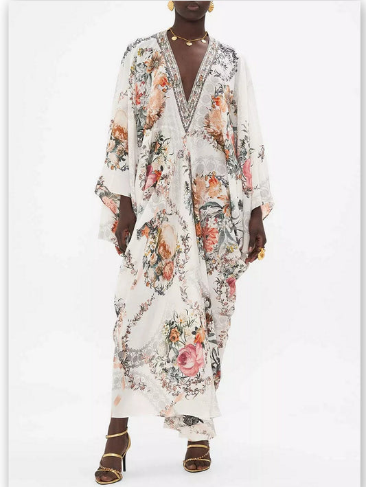 Crystal-Embellished Floral-Print V-Neck Kaftan Dress - Branna Couture