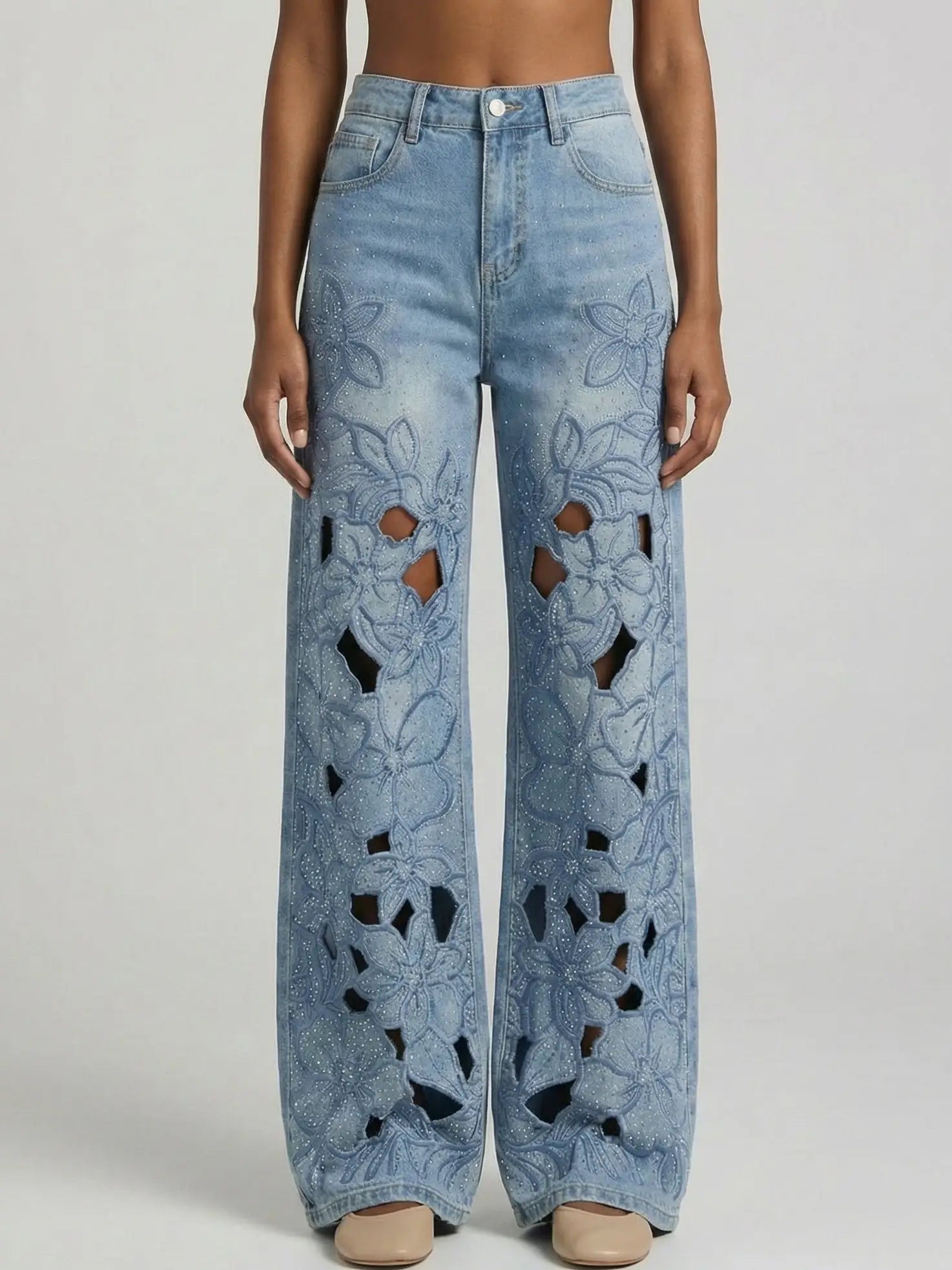 Crystal-Embellished Floral Cut-Out Jeans - Small - Jeans & Pants