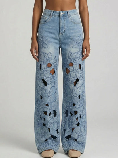 Crystal-Embellished Floral Cut-Out Jeans - Small - Jeans & Pants