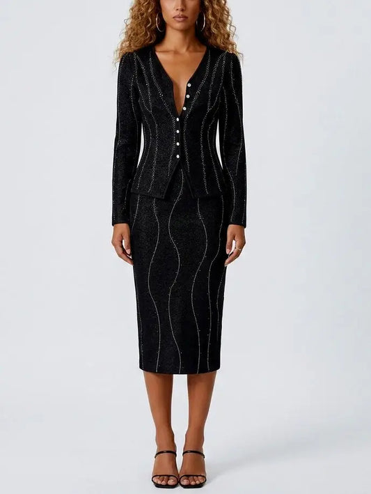 Bead-Embellished Wool and Silk Top and Skirt Set in Black - S - Suits & Sets