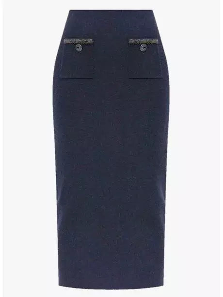 Crystal-Embellished Pocket Knit Midi Skirt in Navy Branna Couture