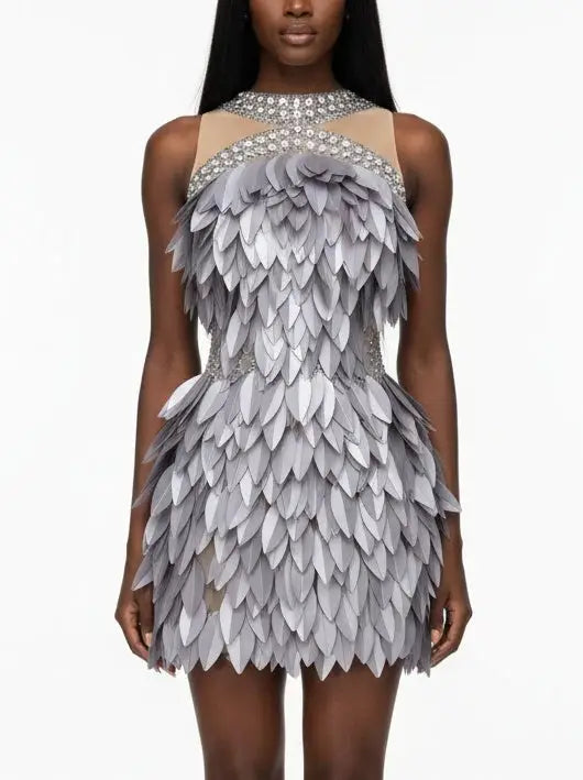 Crystal-Embellished Leaf-Appliqué Mini Dress - S - Dresses