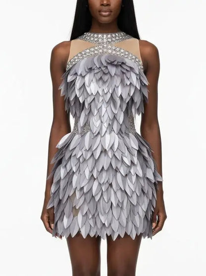 Crystal-Embellished Leaf-Appliqué Mini Dress - S - Dresses