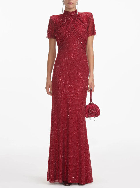 Crystal-Embellished Long Red Gown - Branna Couture