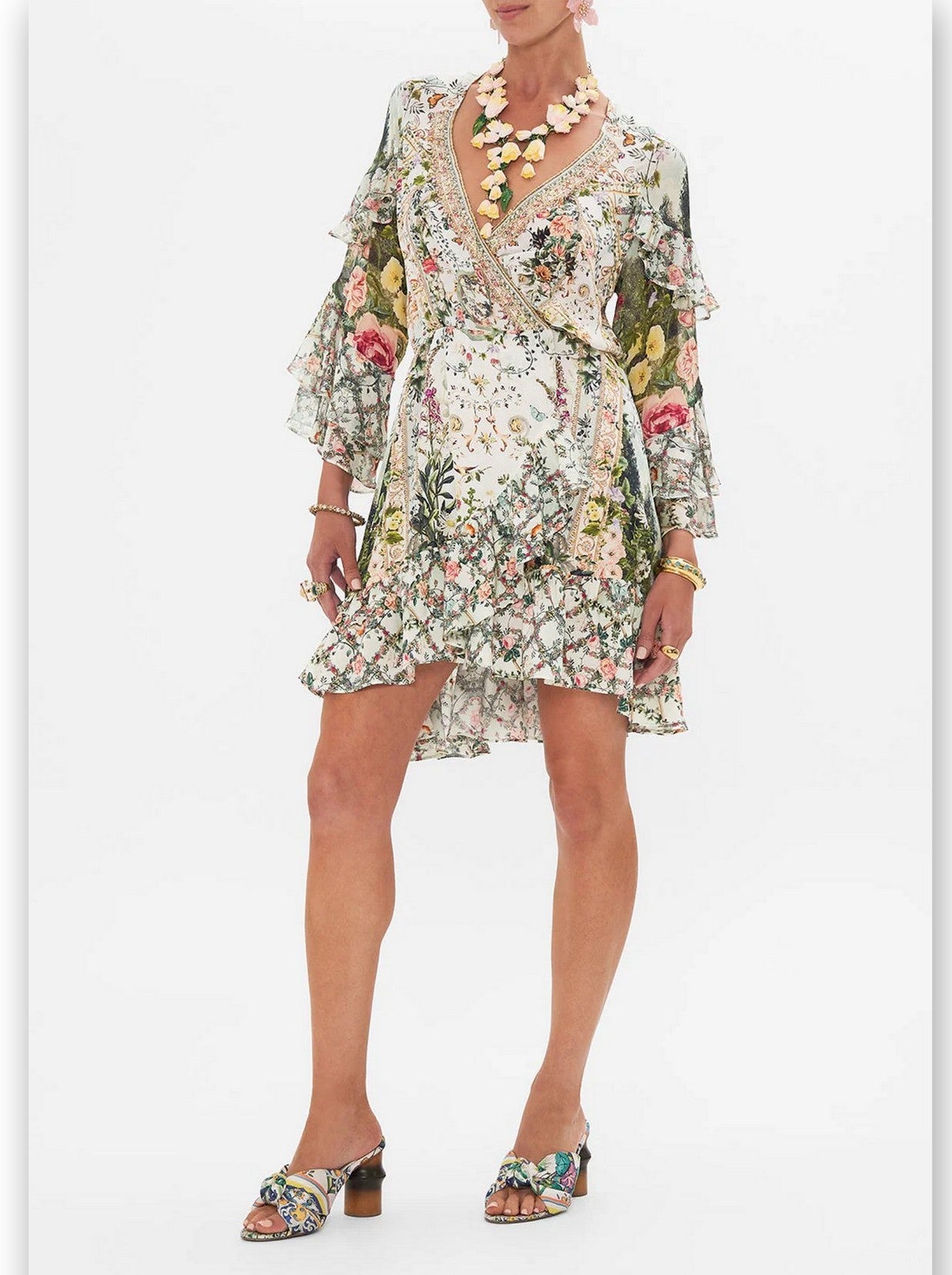 Crystal-Embellished Printed Short Frill Wrap Dress - Branna Couture